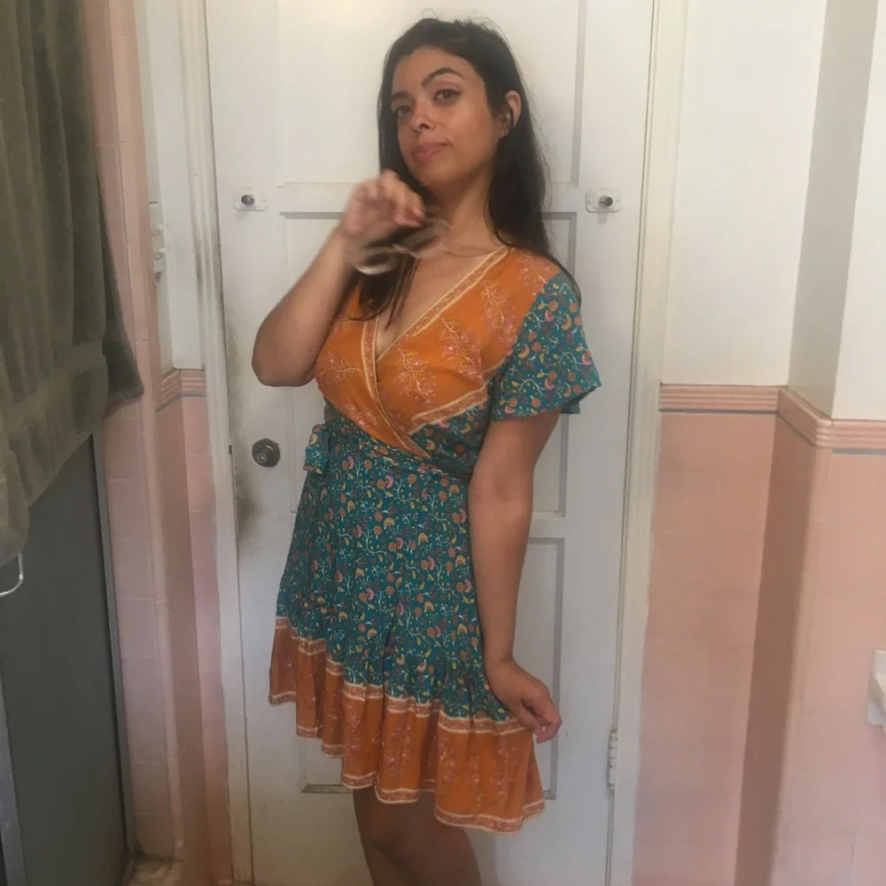 Boho Teal & Orange Wrap Dress - Picture 6 of 17